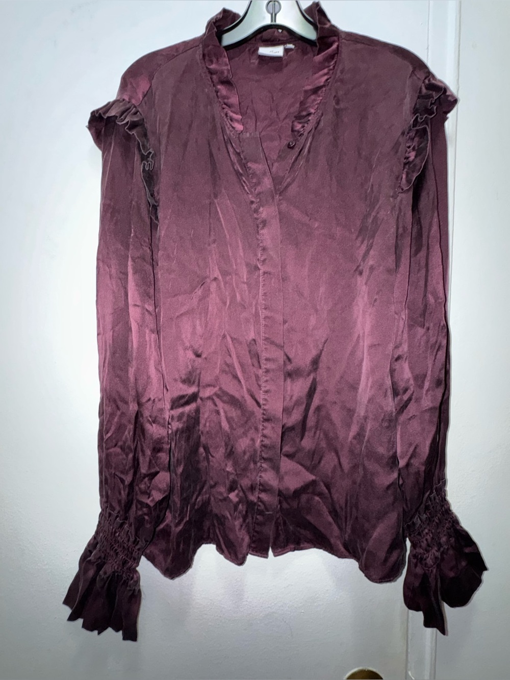 Au Printemps Paris Ruffle-Trim Silk Long Sleeve Blouse Burgundy Small